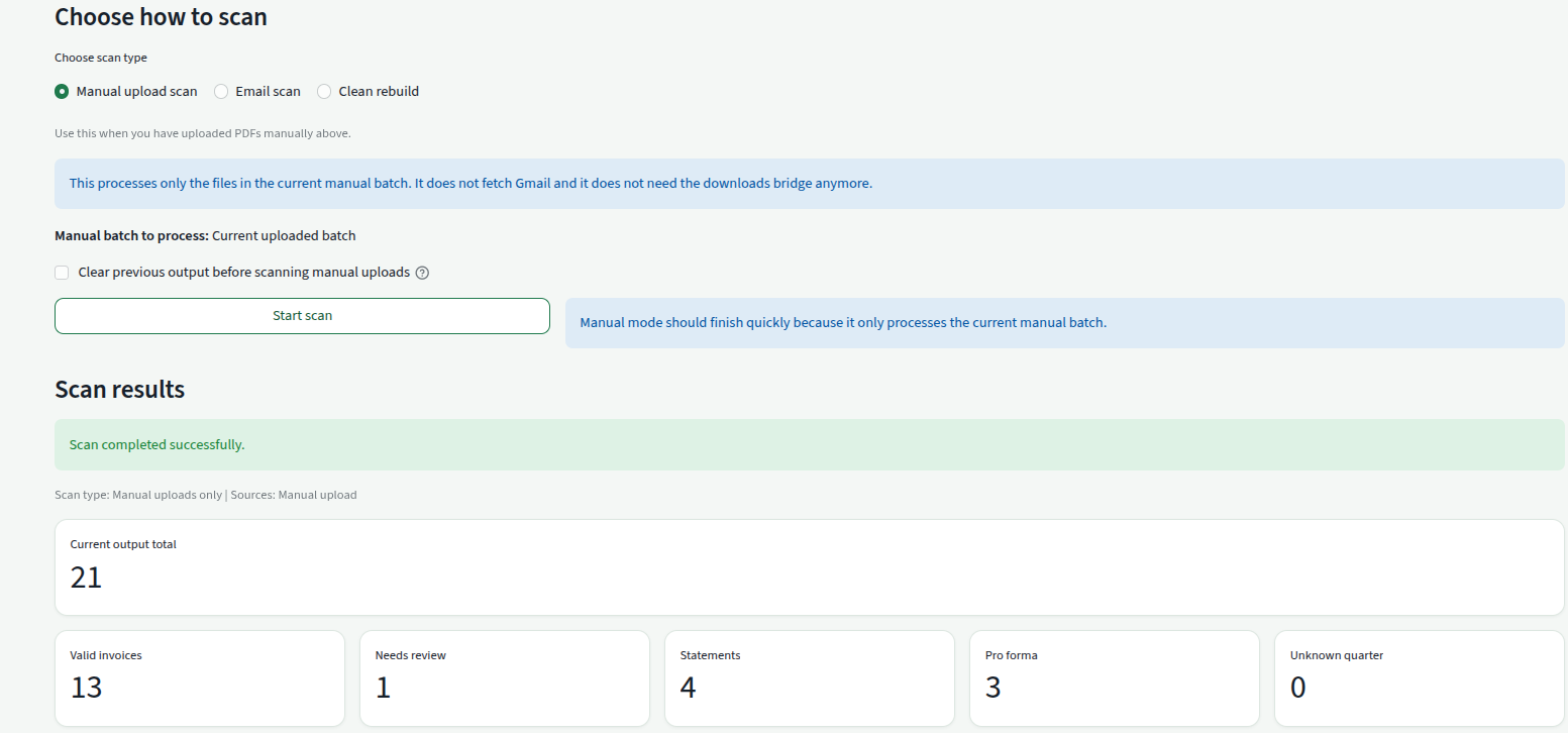 VATSorted run scan page showing completed scan results by document category